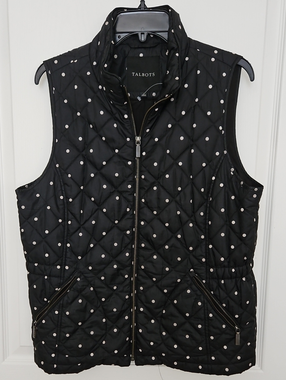 Talbots Black Quilted Vest with White Polka Dots, Large